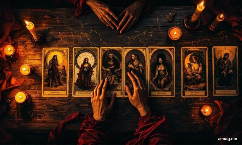 Historia Krzyża Celtyckiego — dziesięć kart w klasycznej formacji krzyża i kolumny w ciepłym bursztynowym świetle