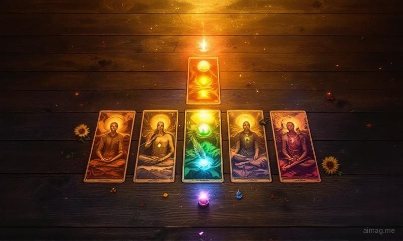 Seven tarot cards in a vertical column, each surrounded by a soft glow of color — warm red at the base rising through orange, yellow, green, blue, indigo to violet at the top