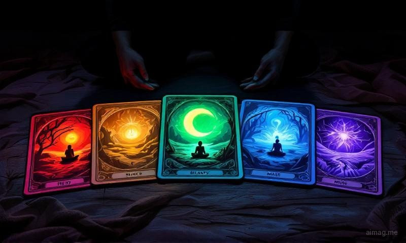 The Body-Mind Bridge Spread — five cards in an arc spanning from warm body-tones on the left to cool mind-tones on the right with the central card bridging both colors