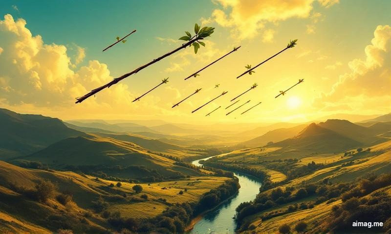 Eight of Wands at a Glance — eight wands soar through open sky above a winding river and green landscape