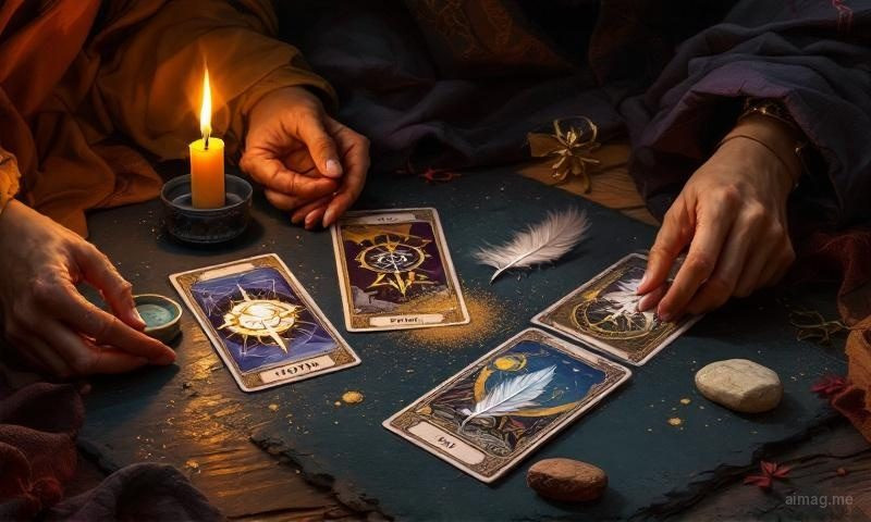 Four tarot cards laid in compass formation with elemental symbols — a candle for fire, a shell for water, a feather for air, and a stone for earth — beside each card