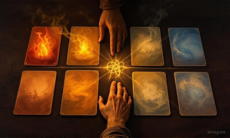 Six cards arranged in three rows of two, with thin lines connecting opposing pairs and a central golden thread linking all cards to a mediating point