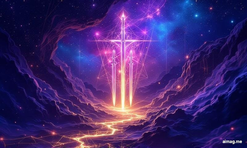 Four of Swords at a Glance — the stone knight effigy lies in repose beneath three mounted swords, one sword beneath, stained glass window casting colored light across the cathedral floor