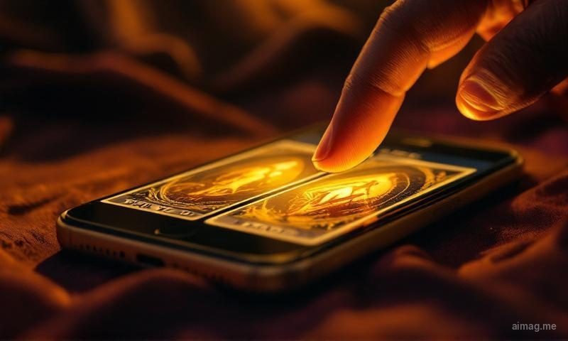 An extreme close-up of a fingertip hovering above a phone screen showing three face-down tarot cards with warm amber backlighting, clean uncluttered interface with no ads
