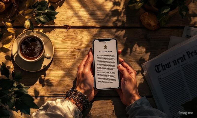A morning scene from above showing a phone with a completed tarot reading beside steaming coffee and a journal, natural sunlight across a wooden table