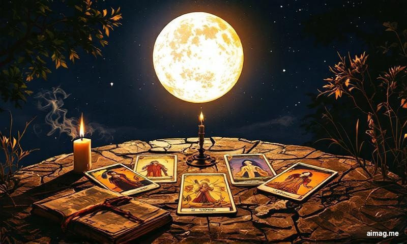 Rozkład Iluminacji — pięć kart w łuku półksiężyca z poświatą jak światło księżyca