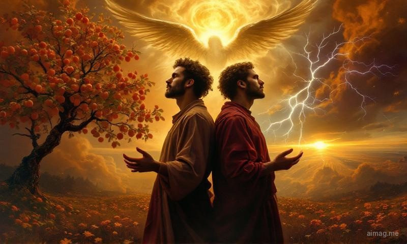 The Lovers card with Gemini constellation — two figures beneath an angel, standing at a crossroads of knowledge and innocence