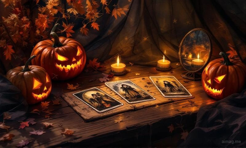 Halloween tarot atmosphere with candles and autumn leaves on a dark surface
