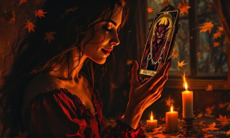 Tarot cards arranged in an ancestor spread with autumn elements and warm candlelight