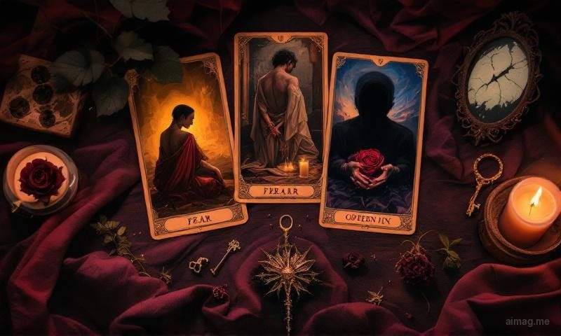 A contemplative tarot reading setup in moody Halloween atmosphere with candles and autumn elements