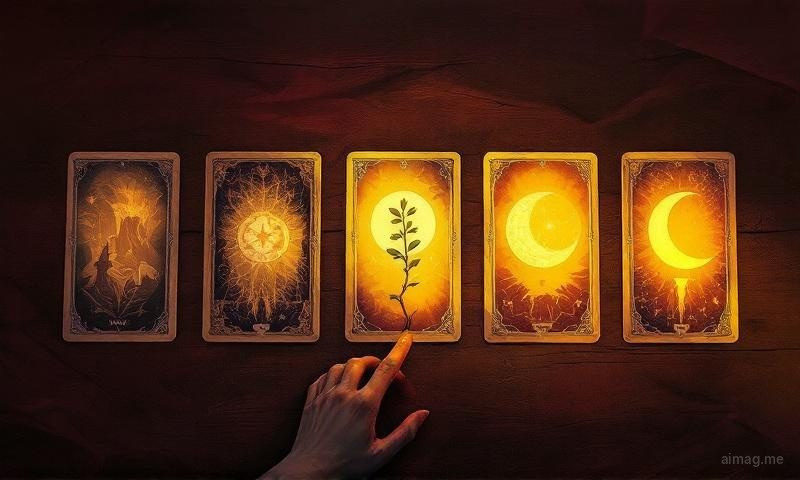 Pięć kart tarota w poziomej linii, gdzie karta najbardziej z lewej jest w cieniu, a każda kolejna otrzymuje nieco więcej ciepłego złotego światła, reprezentując podróż uzdrawiania od rany do odnowy