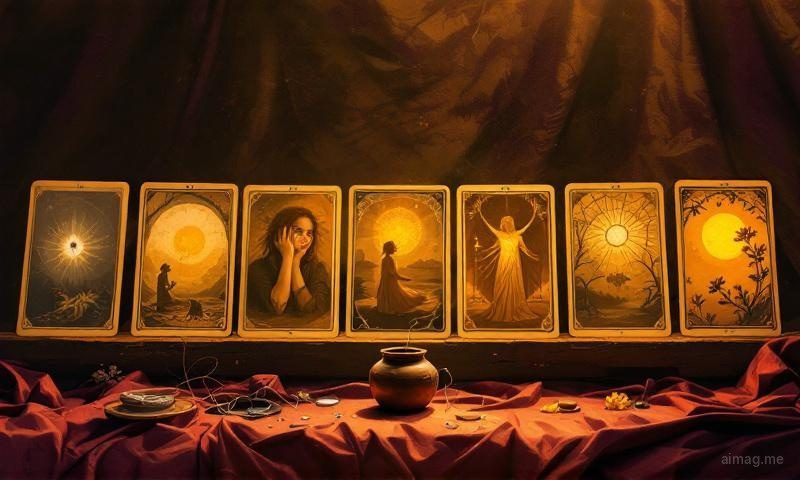 Sześć kart ułożonych w dwóch rzędach po trzy, połączonych łagodną płynącą linią sugerującą oś czasu od ciemności w lewym górnym rogu do ciepłego światła w prawym dolnym