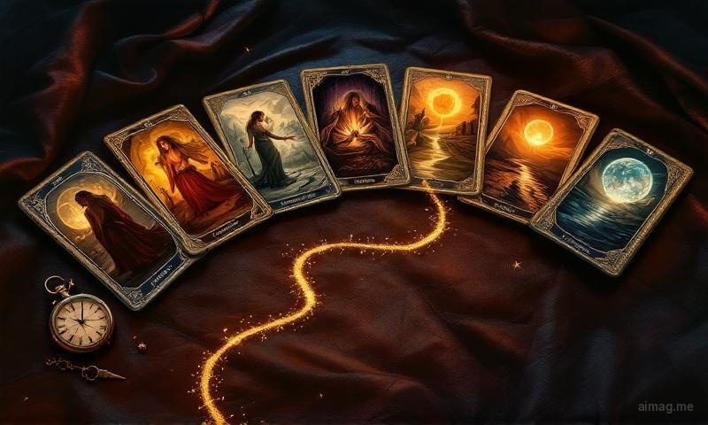 Siedem kart tarota ułożonych w łuk podkowy z bursztynowym światłem śledzącym ścieżkę od przeszłości do przyszłości, każda karta rzucająca ciepły blask na ciemną powierzchnię