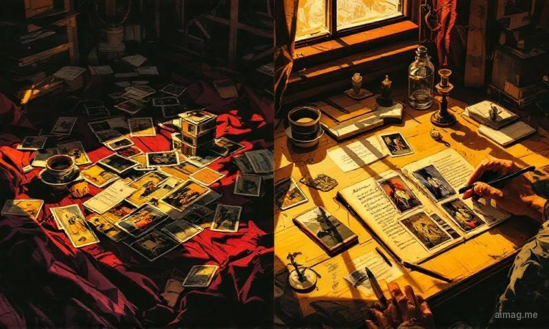 A tarot spread laid out on a table beside a planner showing weekly and monthly markers