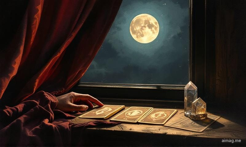 Tarot cards arranged in a circle on a dark velvet cloth with crystals placed at the cardinal points and a central selenite tower