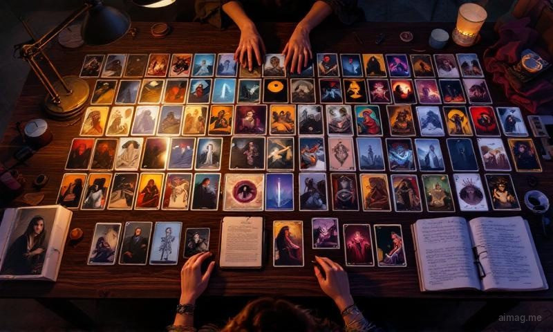 The tarot deck structure — Major and Minor Arcana cards spread across a dark surface showing the four suits