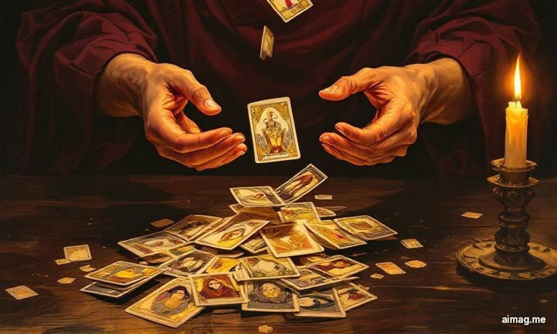 Close-up of hands performing an overhand shuffle with a tarot deck, cards fanned between fingers in warm low light