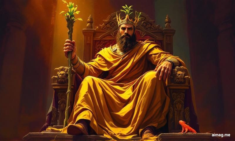 King of Wands at a Glance — a powerful king on a lion-and-salamander throne holds a living wand with a small salamander at his feet