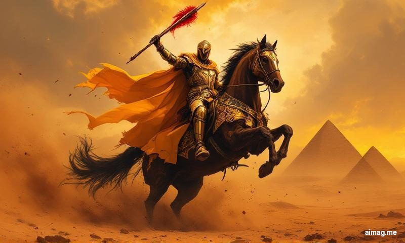 Rycerz Różdżek w Skrócie — rycerz szarżuje przez pustynny krajobraz na stającym dęba koniu z trzema piramidami w tle