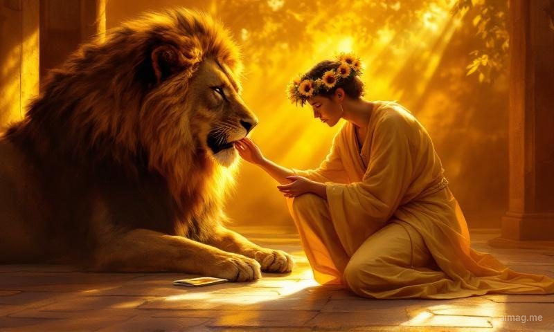 The Leo psychological profile -- a golden lion resting among sunflowers with tarot cards fanned in front, warm sunlight casting long shadows that reveal hidden vulnerability