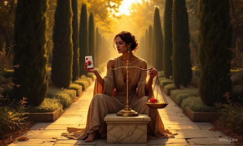 Justice card with Libra constellation — a figure holding scales and sword between two pillars, Venus light illuminating the scene with warm clarity