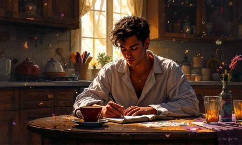 New Year tarot spread — five cards arranged in a cross pattern on a candlelit table with a journal and pen nearby