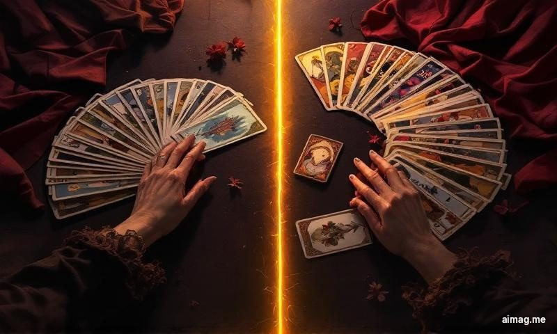 A tarot Major Arcana card and an oracle card placed side by side on dark velvet, showing the visual contrast between structured symbolic imagery and free-form artistic expression