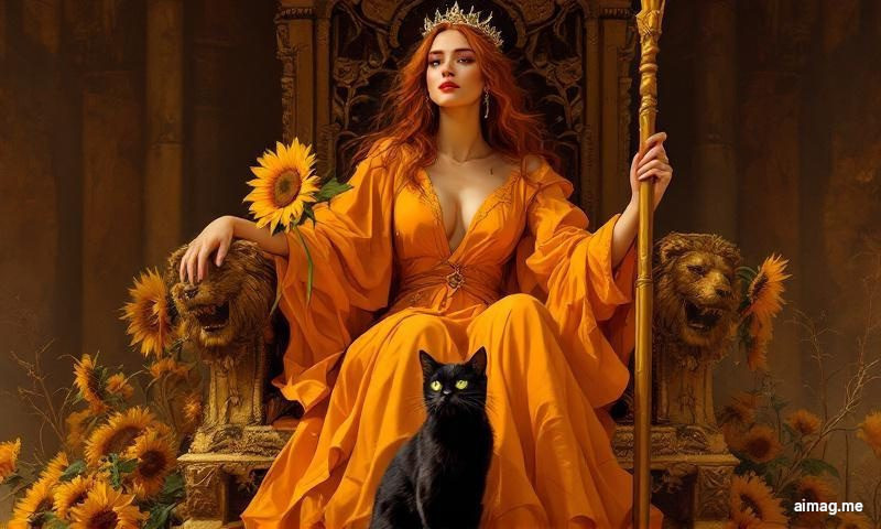 Queen of Wands at a Glance — a regal woman on a lion-carved throne holding a sunflower with a black cat at her feet
