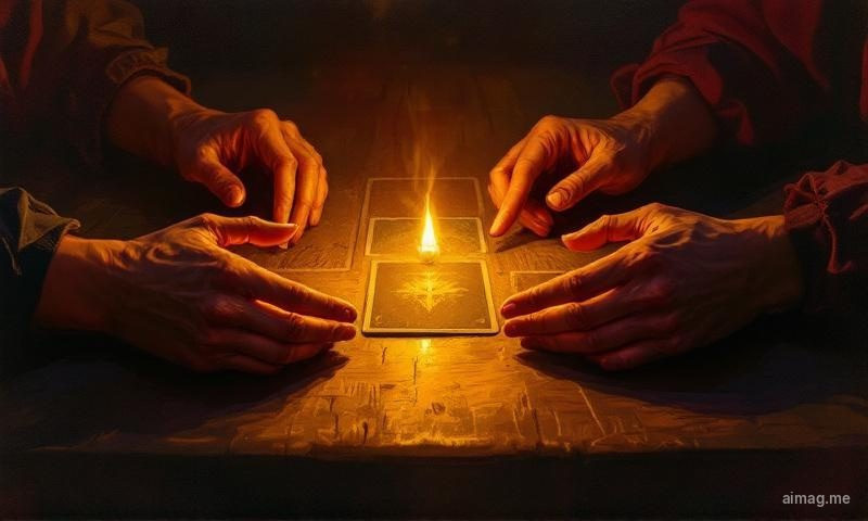 Spokojna przestrzeń do czytań z okrągłym stołem, dwoma wygodnymi krzesłami, jedną świecą i aksamitnym obrusem rozłożonym pod karty tarota