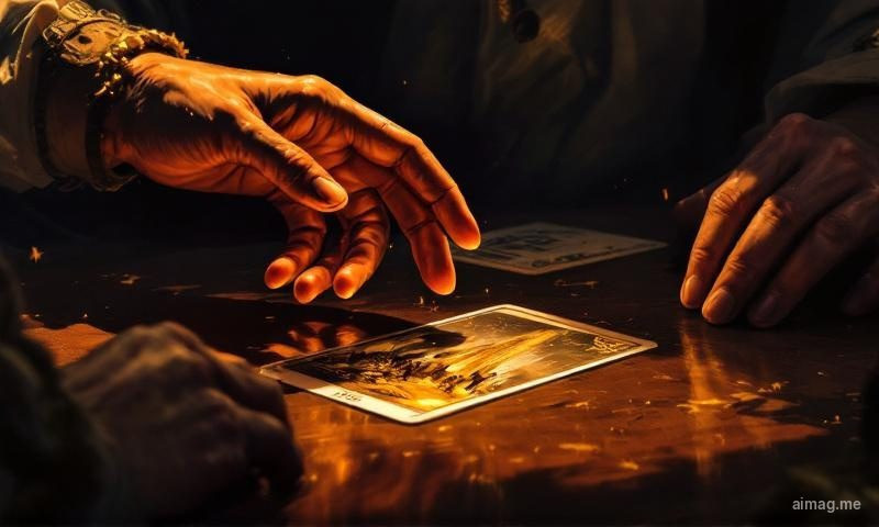 Dwie dłonie po obu stronach rozkładu tarota z widoczną kartą Śmierci na centralnej pozycji, ciepłe światło świecy zmiękczające scenę