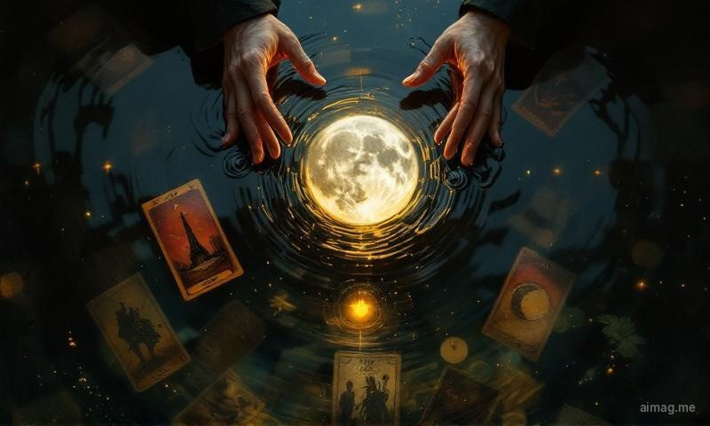 Scorpio in love and tarot — dark water reflecting a full moon with cups cards partially submerged, symbolizing emotional depth and transformative intimacy