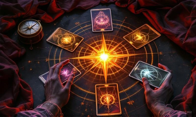 Pięć kart tarota ułożonych we wzór kompasu, z centralną kartą delikatnie świecącą, sugerujące rdzeń ja otoczony kierunkowymi energiami wzrostu i zmiany
