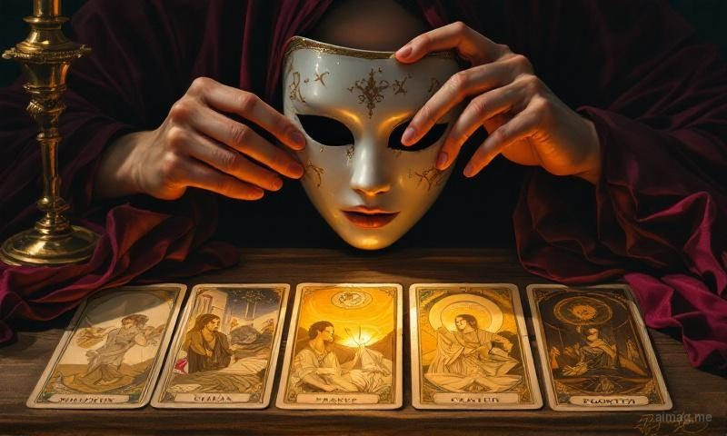 Sześć kart tarota w dwóch rzędach, górny rząd w jasnym świetle a dolny w ciepłym cieniu, z liniami łączącymi każdą parę, by pokazać relację między maską a prawdą