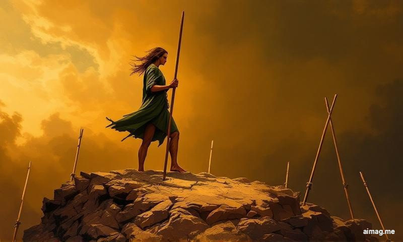 Seven of Wands at a Glance — a lone figure stands on elevated ground defending against six rising wands, stance combative and resolute