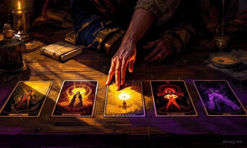 Sześć kart tarota ułożonych w dwóch rzędach po trzy, górny rząd jasny a dolny w cieniu, ujawniające ukryte warstwy psychologiczne