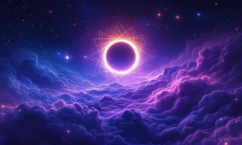 Rozkład tarota odzwierciedlający zaćmienie Słońca — karty nachodzące na siebie w centrum, jedna świecąca delikatnie z tyłu jak korona słoneczna