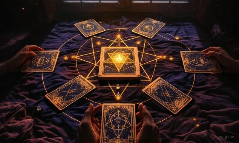 The Seven-Point Star Spread — seven cards arranged in a star pattern with a central card glowing warmly, surrounded by six cards representing different life areas