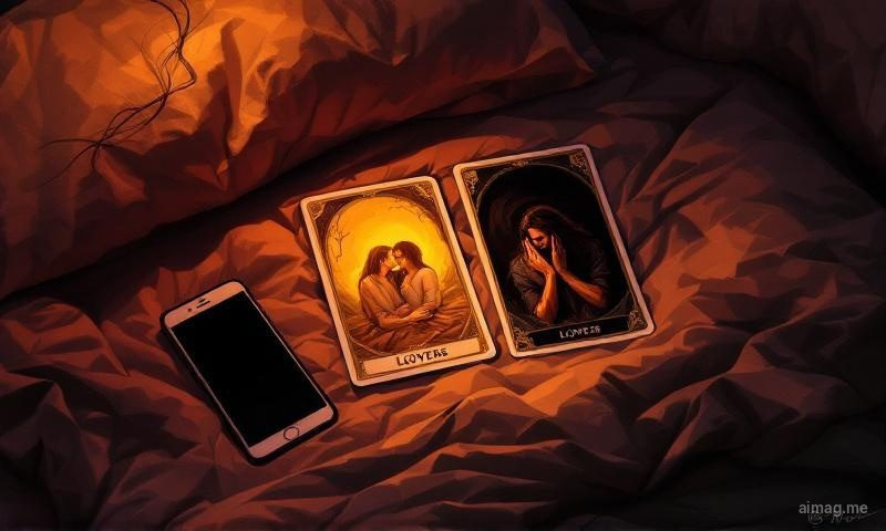 Two tarot cards on a pillow — the Lovers face-up in warm light and another face-down in shadow, with a dark phone screen nearby suggesting an unsent message