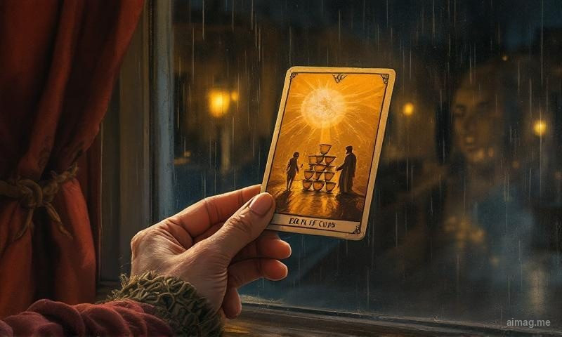 A hand holding the Eight of Cups tarot card while looking through a rain-streaked window at night, a ghostly reflection of another person visible in the wet glass