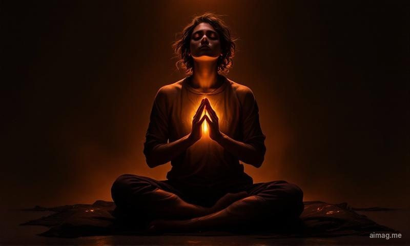 A person sitting cross-legged on a cushion with eyes closed, a tarot card visible in their lap, surrounded by warm soft natural light in a minimalist room