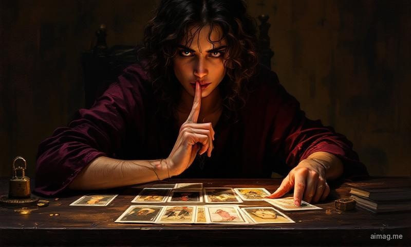 Czytelnik i pytający siedzący naprzeciwko siebie przy stole z rozłożonymi kartami tarota, ciepłe nastrojowe oświetlenie
