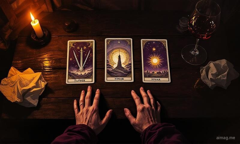 A tarot spread laid out on a dark surface with warm ambient light, showing cards in a deliberate arrangement that suggests introspection and processing