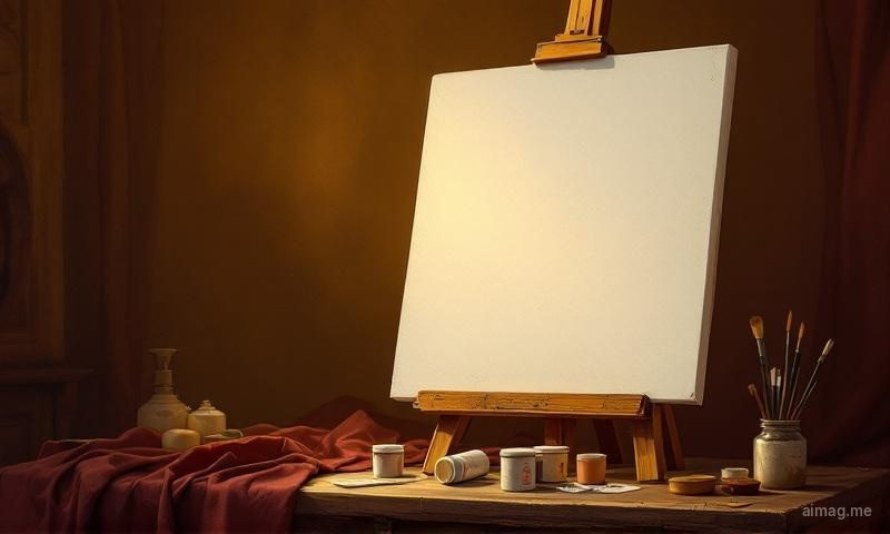 A blank white canvas on an easel with the Ace of Wands tarot card propped at its base, unopened paint tubes nearby, warm studio light creating contrast between emptiness and possibility