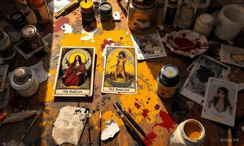 Tarot cards scattered among art supplies on a paint-stained table — tubes of paint, charcoal sticks, torn photographs — The Magician card lying among the creative chaos
