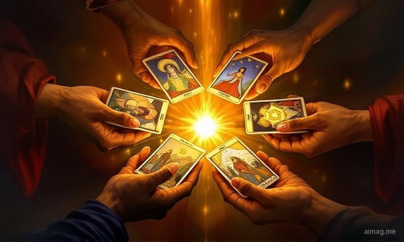 A circle of four hands reaching inward, each holding a different tarot archetype card — the Hermit, Empress, Magician, and Star — in warm golden light from above