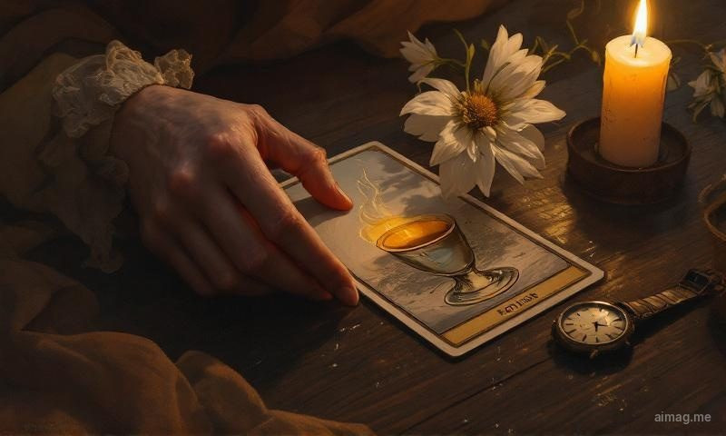 A hand placing a white flower on a face-up tarot card, with a stopped watch beside it, warm candlelight catching tears on the dark wooden surface