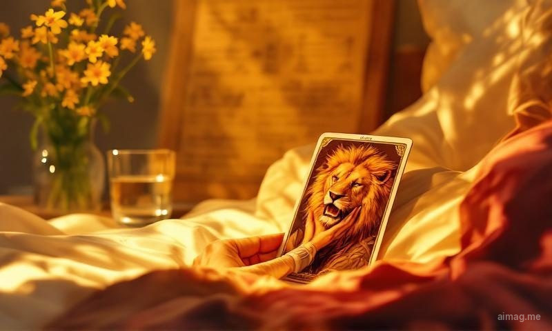 The Strength tarot card on a hospital nightstand beside a glass of water and yellow wildflowers, warm sunlight streaming across white bedsheets