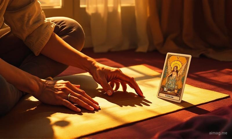 Hands performing a gentle stretch on a yoga mat with the Temperance card propped nearby, morning golden light through a window