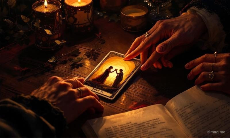 Two hands with wedding rings reaching toward the Two of Cups tarot card on a dark table, fingertips almost touching over the card, a shared journal nearby with two handwriting styles