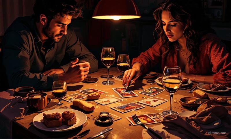 A kitchen table after dinner with tarot cards laid informally among wine glasses, breadcrumbs, and a shared dessert plate, warm pendant light making everything golden